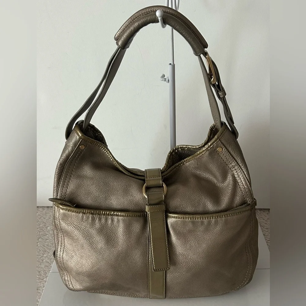 Cole Haan Metallic Gold Leather Hobo Shoulder Bag Buckle Detail Purse